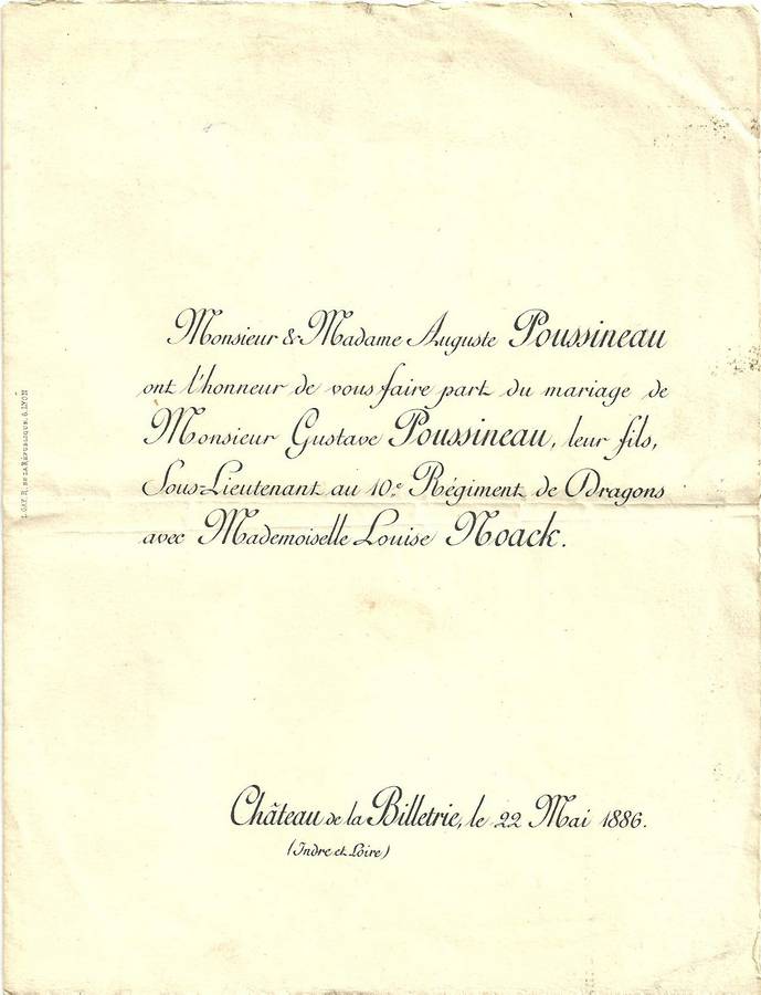 Faire-part de mariage : Gustave Poussineau et Louise Noack, Château de la Billetrie (Indre-et-Loire) le 22 mai 1886