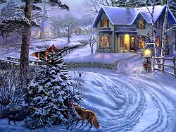 carte Noel : maison illuminée en hiver