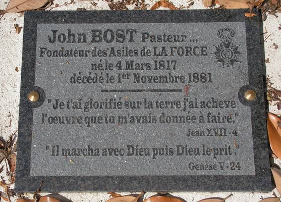 John Bost, plaque cimetière de La Force