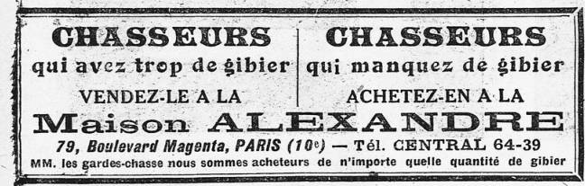 publicité Maison Alexandre, avis aux chasseurs, qui avez trop de gibier, qui manquez de gibier