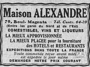 publicité Maison Alexandre : comestibles, vins et liqueurs : la mieux approvisionnée, la  mieux placée pour la fourniture des hôtels et restaurants, expéditions dans toute le France