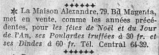 publicité Maison Alexandre met en vente pour les fêtes  de Noël et Nouvel An, ses poulardes truffées et ses dindes