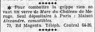 publicité Maison Alexandre : pour combattre la grippe rien ne vaut un verre de marc du château de Meruge