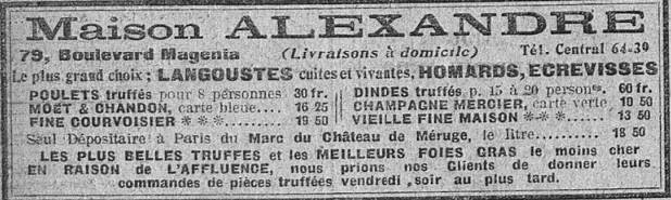 publicité Maison Alexandre : langoustes, homards, écrevissses, les plus belles truffes, les meilleurs foies gras
