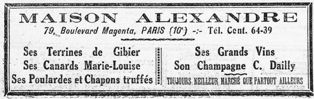 publicité Maison Alexandre : terrines de gibier, canards Marie-Louise, poulardes et chapons truffés, grands vins, champagne C. Dailly