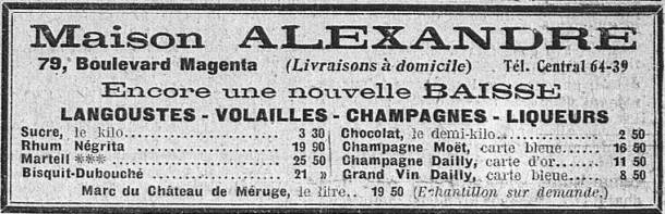 publicité Maison Alexandre : langoustes, volailles, champagnes, liqueurs - rhum Négrita, champagne Moët, champagne Dailly, grand vin Dailly
