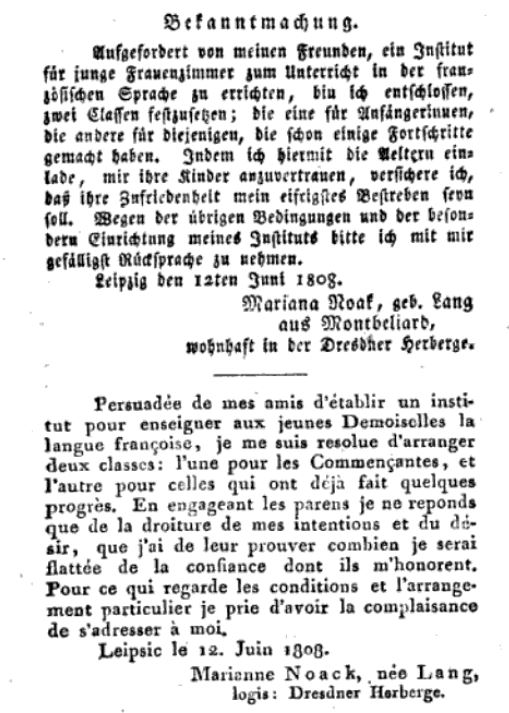 annonce Marianne Lang-Noack (1808)