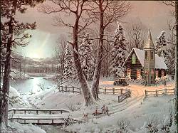 carte Noel : chapelle en hiver