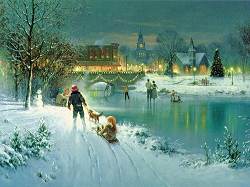 carte Noel : village illuminé, paysage hiver