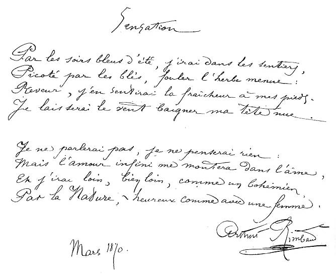 Arthur Rimbaud manuscrit poeme Sensation